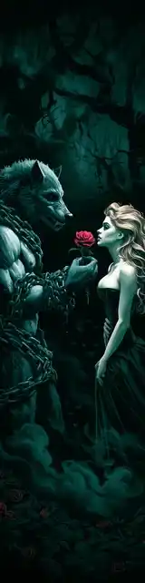 Free dark romance bookmark featuring a dark green werewolf with a red rose and blond woman